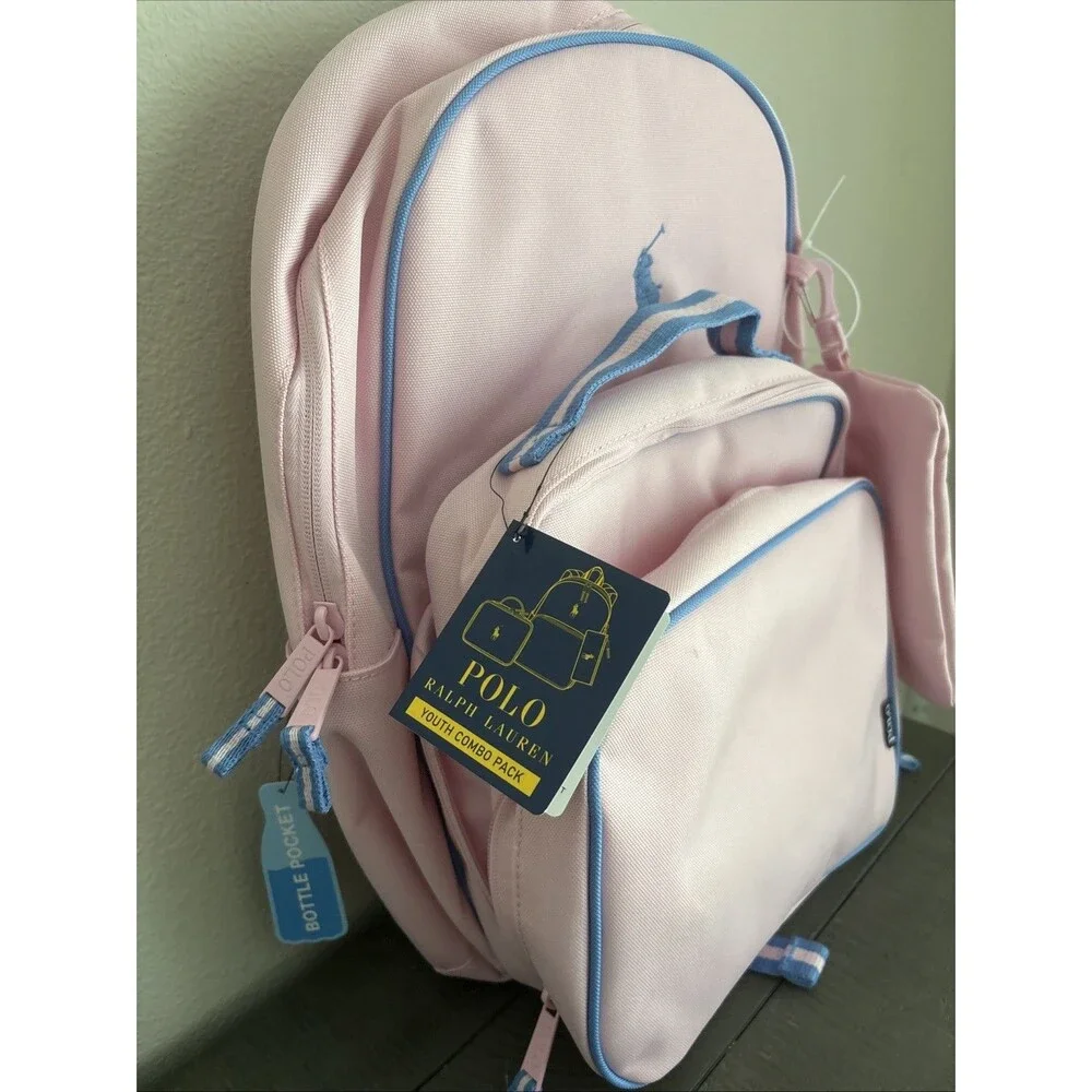 Polo Ralph Lauren Kids Pink & Blue Backpack Lunchbox Set Embroidered Logo